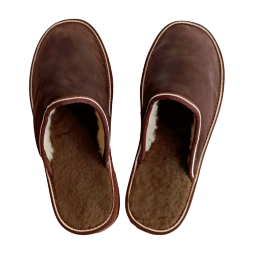 Sheepskin fur slippers for men in dark brown