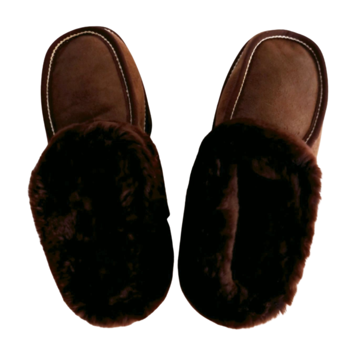 Genuine sheepskin fur booties for women in dark brown