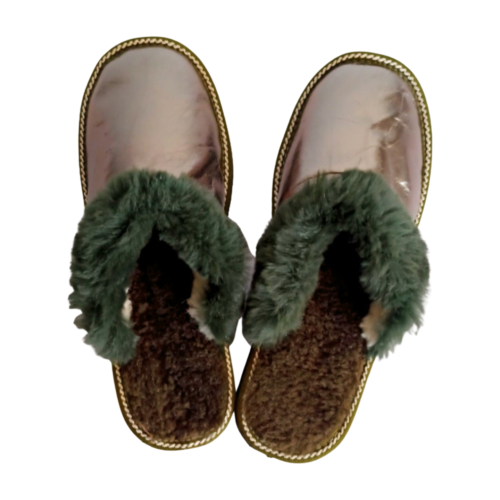 Sheepskin fur slippers for women in dark green