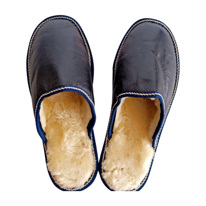 Sheepskin fur slippers for men in dark blue